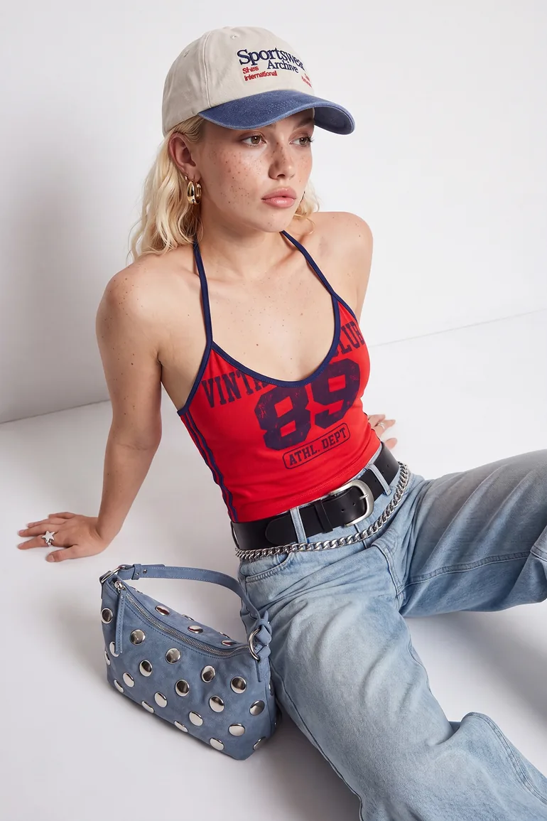 Red Slogan Fitted Halter Neck Sleeveless Crop Cotton Stretch Knitted Undershirt - 5