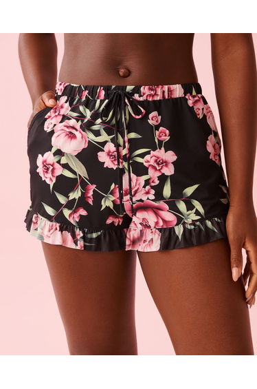 Peony Print Recycled Fibers Mesh Trim Shorts
