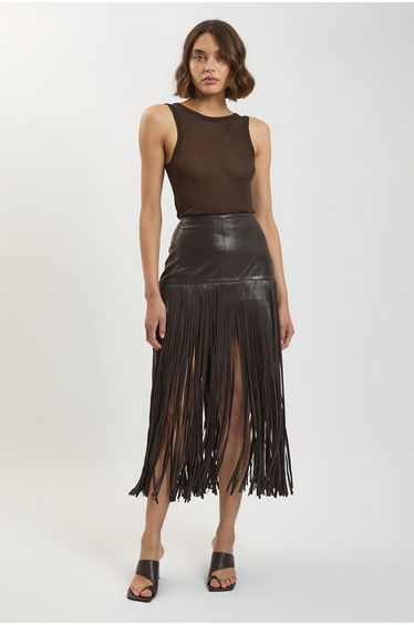 Leather Tassel Midi Skirt