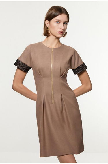 Petite Tailored Twill Lace Mix Zip Front Mini Dress
