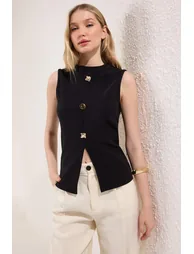 Black Accessory Buttoned Crew Neck Regular Boy Vest Knitted Blouse - 1