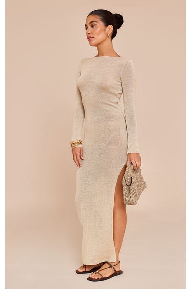 Petite Champagne Open Tie Back Long Sleeve Knitted Maxi Dress