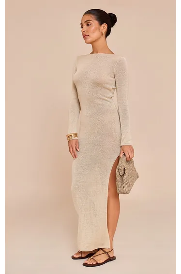 Petite Champagne Open Tie Back Long Sleeve Knitted Maxi Dress