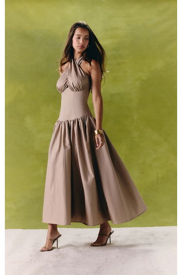 Taupe Plunge Halterneck Skater Midaxi Dress