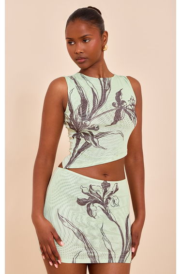 Mint Floral Printed Lined Mesh Mini Skirt