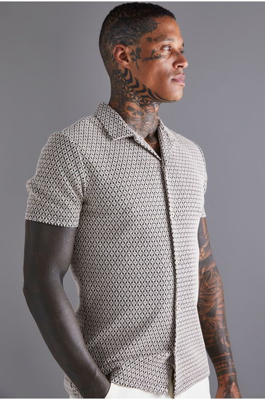 Slim Short Sleeve Mini Geo Shirt - taupe