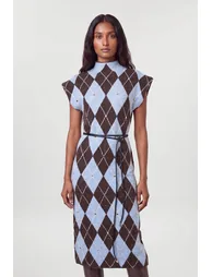 Studded Argyle Wool Blend Cosy Knit Belted Midi Dress - 2