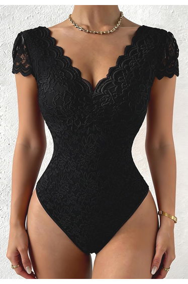 Scallop-Trim Floral Lace Bodysuit in Black for Romantic Dinners & Night-Out Plans