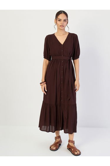 Women Coffee Brown V-Neck Maxi Dress