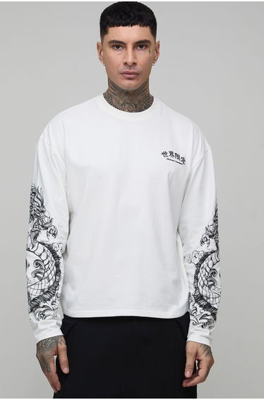 Tall Oversized Dragon Graphic Long Sleeve T-Shirt - white