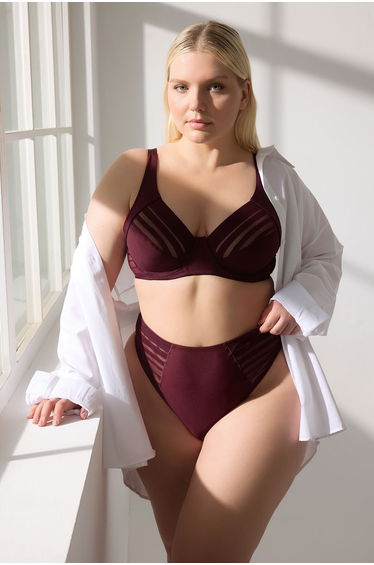 Burgundy Striped Underwire Cupless Plus Size Lingerie Sets