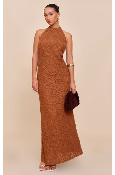 Chocolate Textured Strappy Low Back Maxi Dress