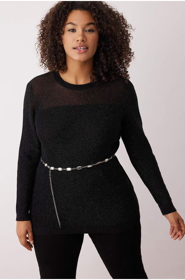 Black Ribbed Tulle Detailed Thin Knit Sweater