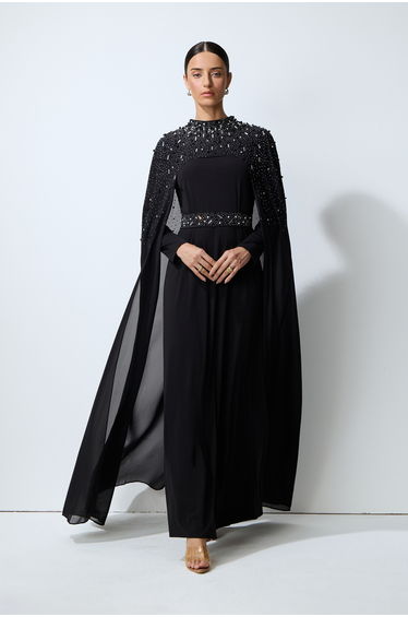 Luxe Simplicity Black Pearl Embellished Cape & Dress Set