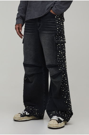Pearl & Rhinestone Embellished Washed Parachute Fit Jeans - washed black