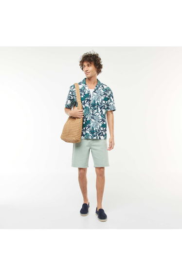Short-sleeved printed linen-blend shirt BLUE