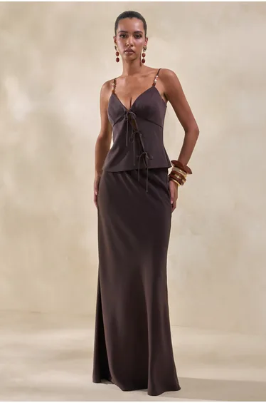 Sybella | Dark Brown Satin Maxi Skirt