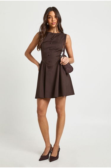 Dipped Waist Full Skirt Mini Dress - chocolate