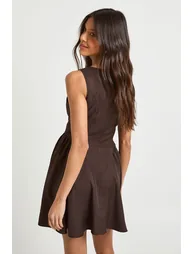 Dipped Waist Full Skirt Mini Dress - chocolate - 2