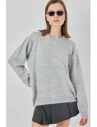 Oversized Knitwear Sweater with Diamond Pattern - Plain Gray - 1