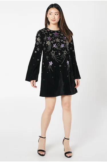 Star Hand Embellished Velvet Mini Swing Dress