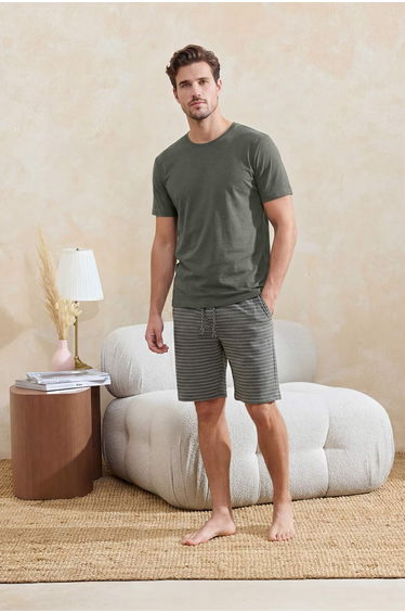 Khaki Regular/Normal Cut Bottom Striped Knitted Pajama Set