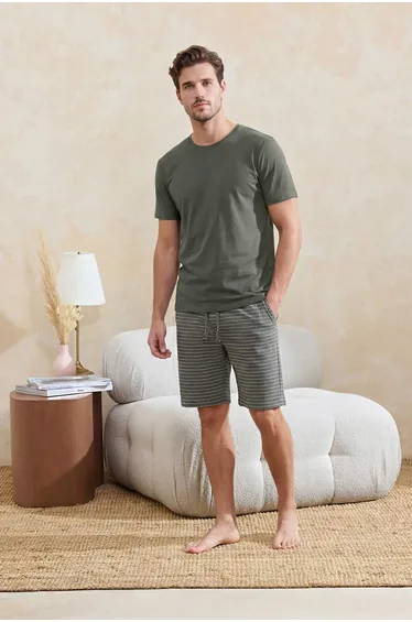 Khaki Regular/Normal Cut Bottom Striped Knitted Pajama Set