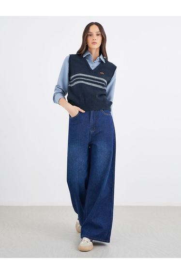 Women Blue 2in1 Style Knit Vest Insert Shirt