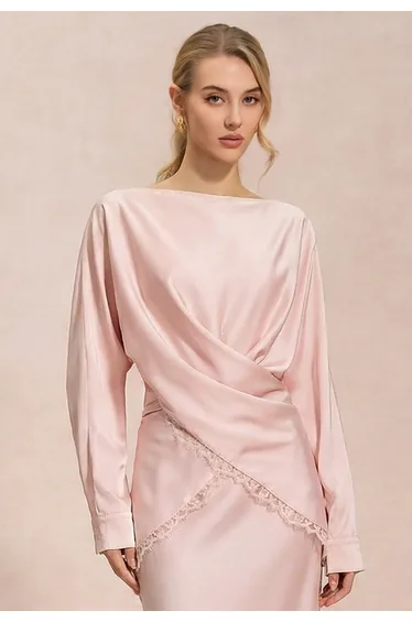 شيك ويش بلوزة ستان زهري بأكمام طويلة