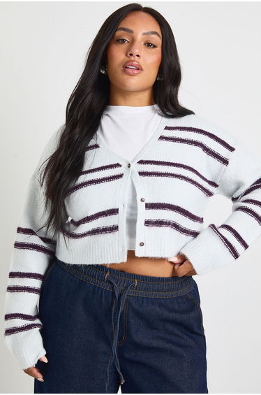 Plus Stripe Cropped Cardigan - baby blue
