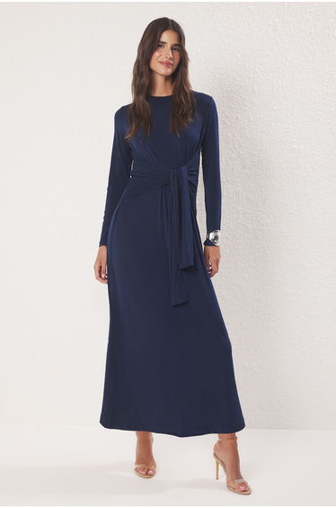 Navy Blue Baglama Detailed Flexible Knitting Dress