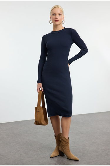 Navy Blue Body-Styling Slit Crew Neck Midi Ribbed Flexible Knit Dress