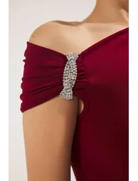 Burgundy Body-fitting Stone Accessory Woven Long Elegant Evening Night Graduation Dress - 2