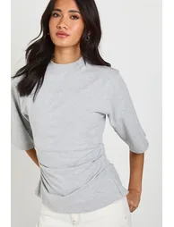 Cinched Waist Half Sleeve T-Shirt - ash grey - 3