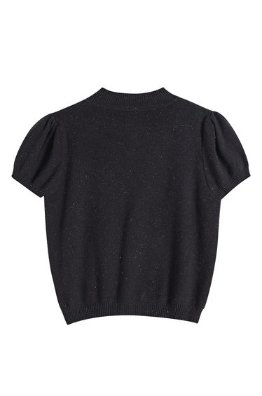 Pearl Embellished Short Puff Sleeves Knit Top in Black for Brunch Dates & Afternoon Tea