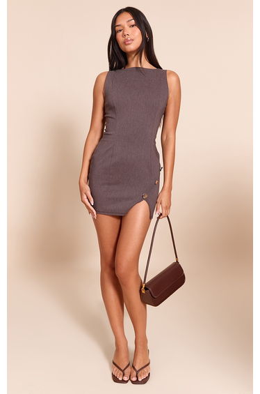 Chocolate Stretch Woven Trim Detail Bodycon Dress