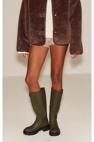 Khaki Wax PU Buckle Detail Knee High Chelsea Boot