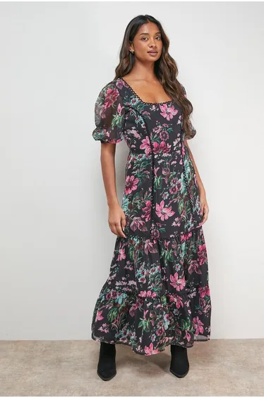 Printed Square Neck Scallop edge Puff Sleeve Midi Dress