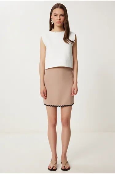 Women's Beige Contrast Stitched Mini Woven Skirt T