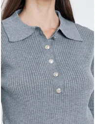 Women Grey Ribbed Knit Polo Top - 2