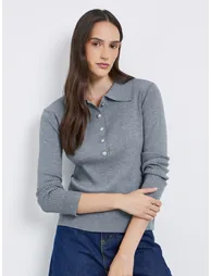 Women Grey Ribbed Knit Polo Top - 1