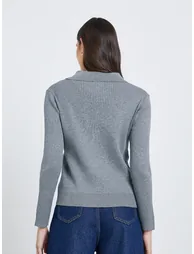 Women Grey Ribbed Knit Polo Top - 3
