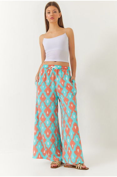 Women's Patterned Elastic Waist Laced Pocket Viscose Casual Palazzo Pants