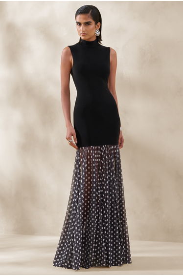 Felina | Black High-Neck Maxi Dress With Sheer-Skirt