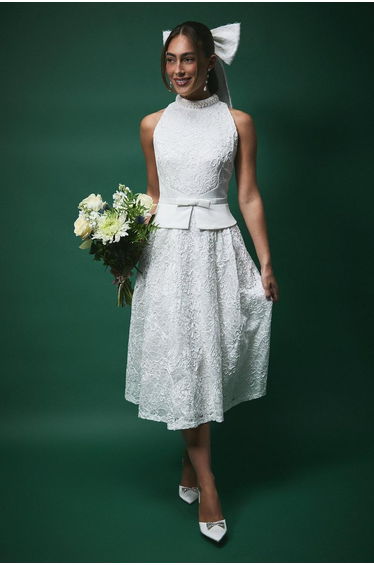 Lisa Tan Lace Peplum Detail Midi Wedding Dress