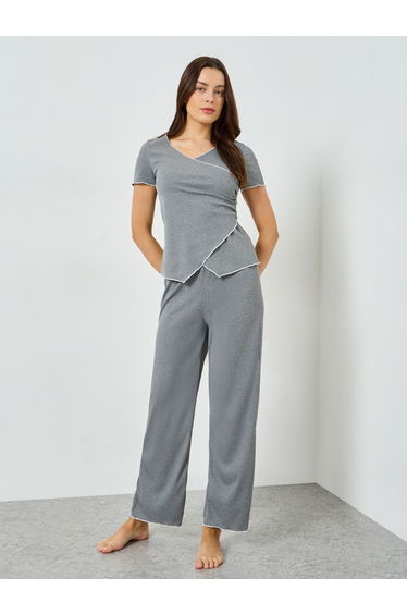 Mono Contrast Edge Rib Wrap Over T-Shirt and Pyjama Set