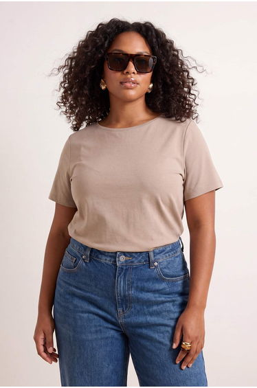 Mink Relaxed/Casual Fit Boat Neck Short Sleeve 100% Cotton Knitted Plus Size T-Shirt