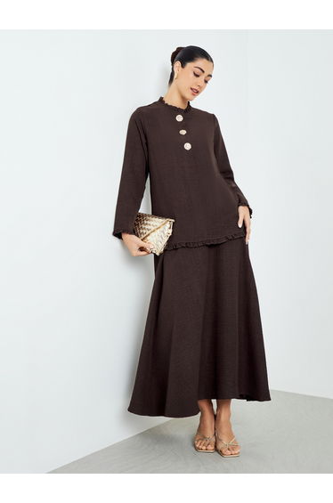 Brown Ruffled Neck Top and Skirt Modest Set