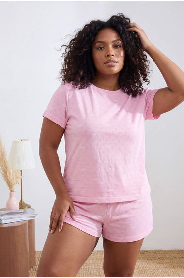 Pink Ribbon Patterned Pointel Knitted Plus Size Pajama Set