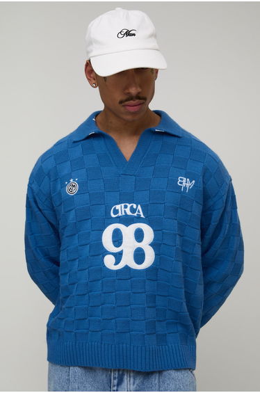 Oversized Boxy Checkerboard Circa 98 Knitted Polo - blue